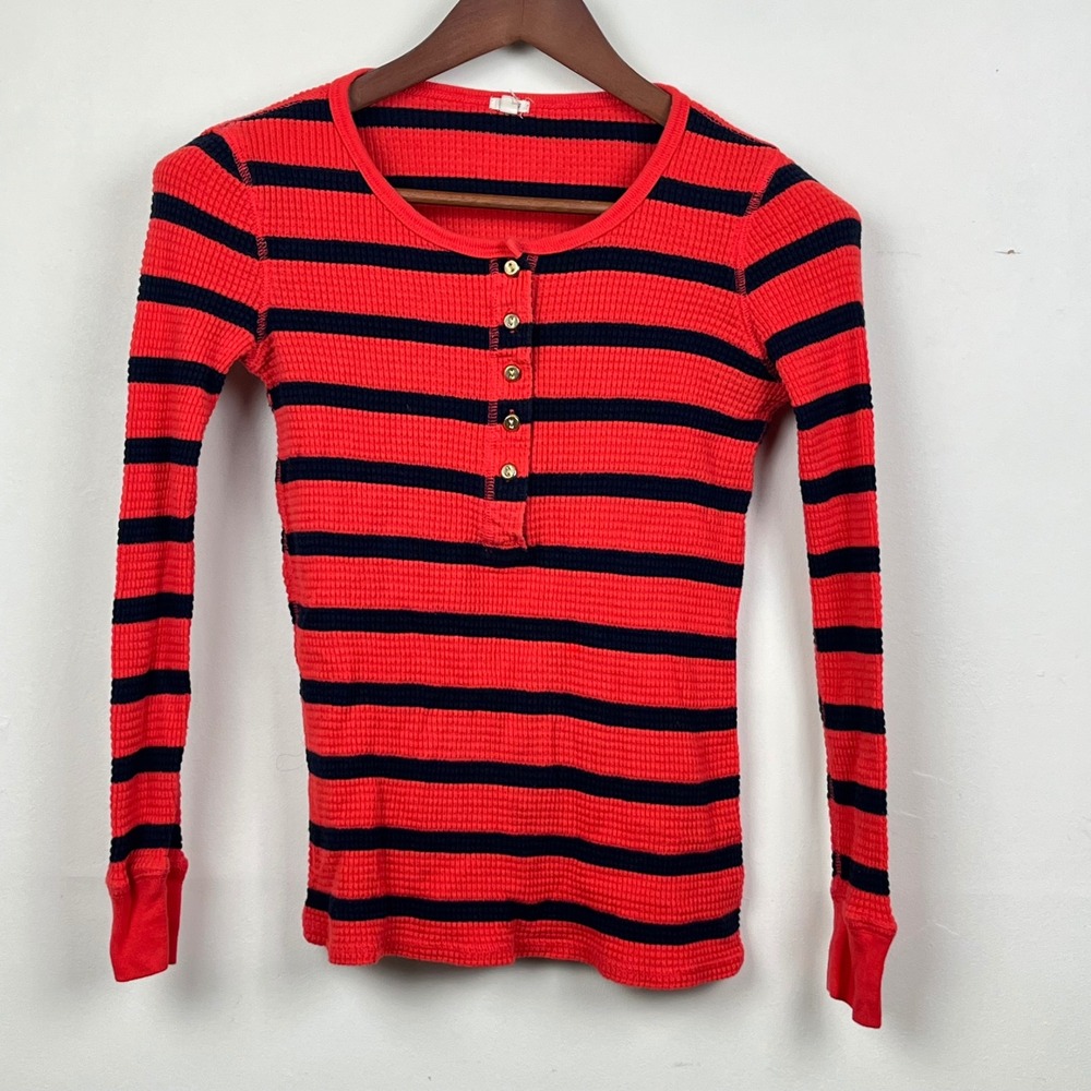 J.Crew Womens Red Navy Blue Striped Waffle Knit Henley Thermal Top 58405 XS